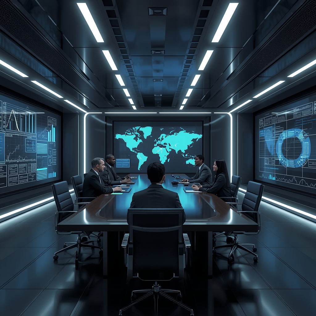 A highly professional futuristic boardroom with glowing charts and executives discussing strategy, corporate lighting, ultra realistic, highly detailed, photorealistic 8k, architecture interior --v 5.2 (Do not include woman image)